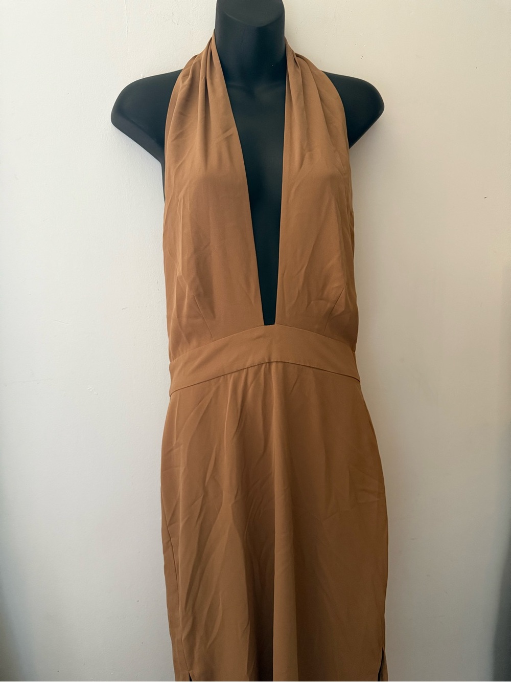 Worthington One-Shoulder Halter Dress in Caramel Brown